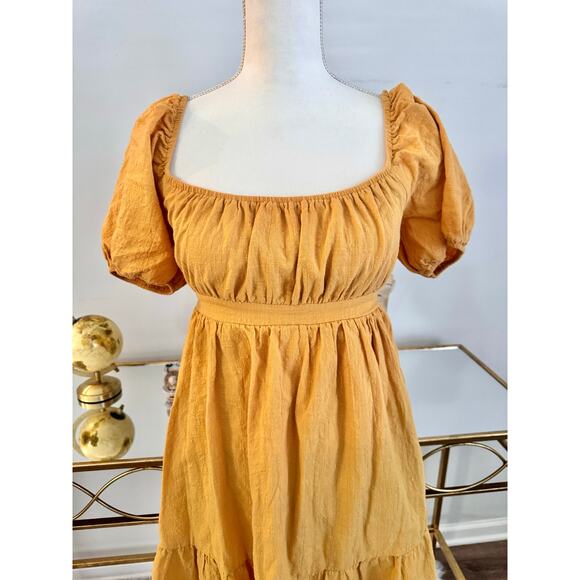 Hesperus Cotton Yellow Empire Waist Mini Dress Short Puff Sleeve Back Tie Medium - Picture 4 of 11